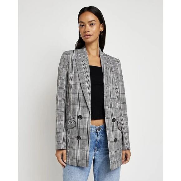 River Island Mix Check Long Line Blazer Gray Double Button Long Sleeve Sz 2 US - Picture 1 of 7